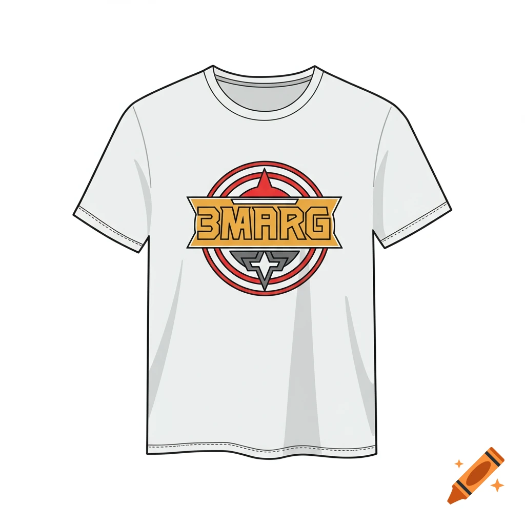 White t-shirt with a circular red, white, and yellow logo featuring the text "3MARG".