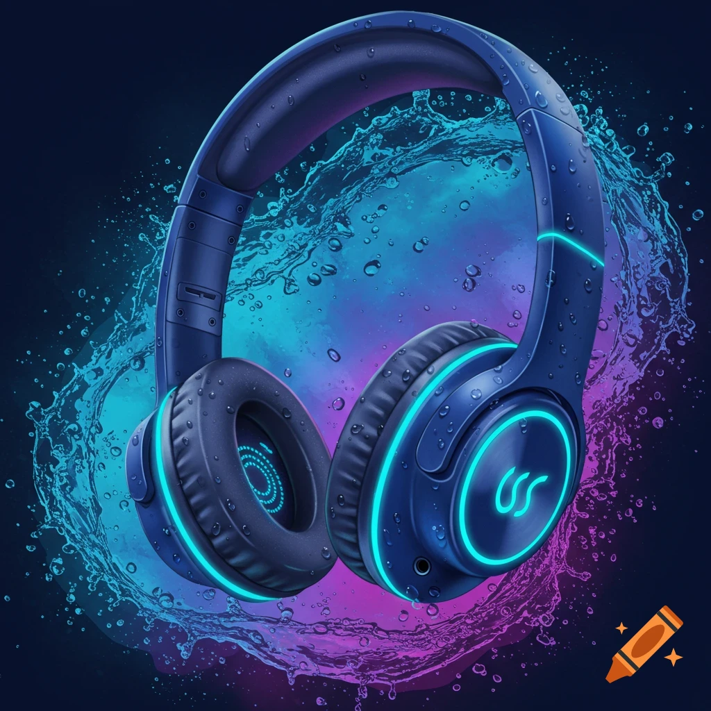 Blue headphones with glowing accents surrounded by water splashes and colorful light effects.