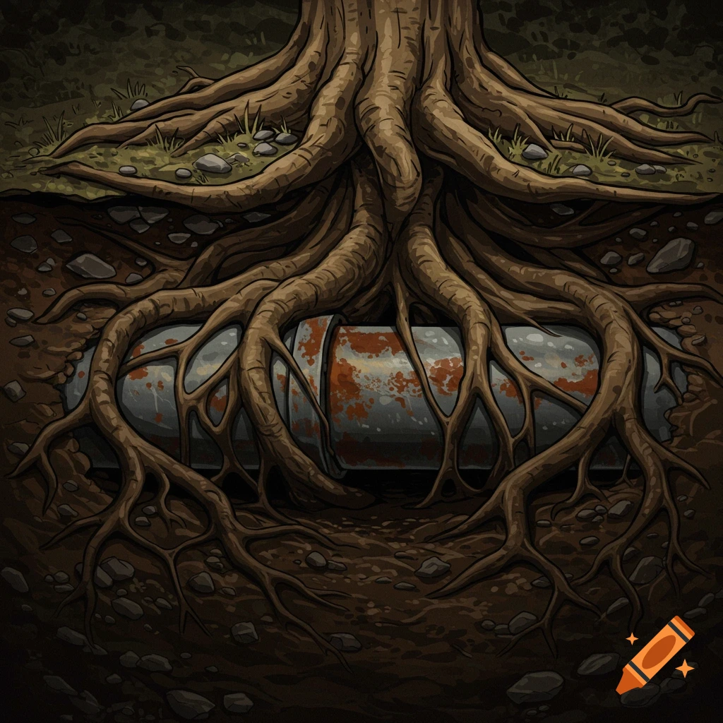 Roots hitting a pipe in the ground