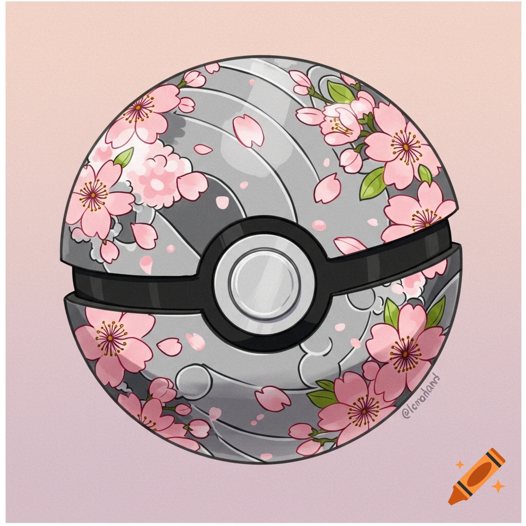 A stylized Pokemon Luxury Ball decorated with cherry blossoms and petals in anime style.