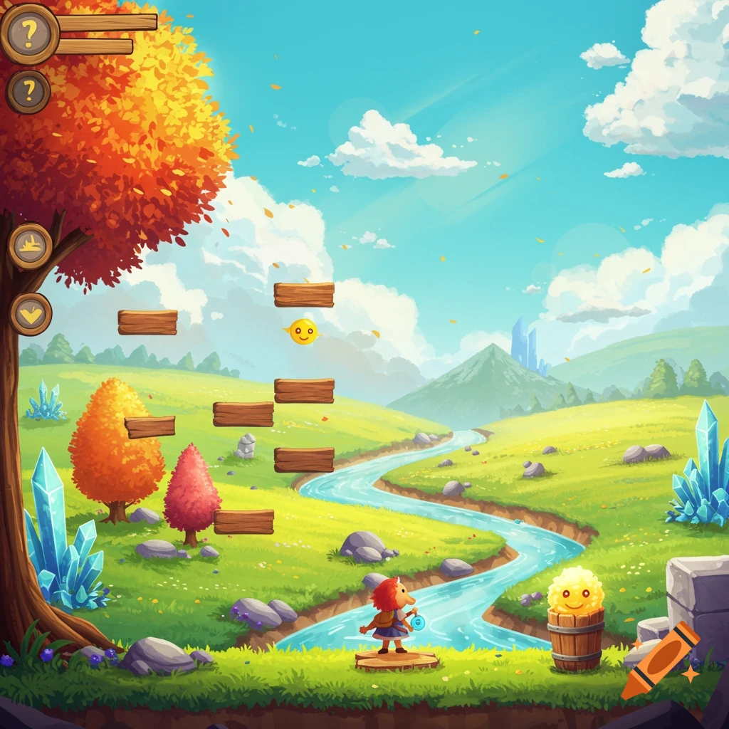 Stylized 2D platformer game level with character, jumping platforms, river, trees, crystals, and mountains in background.