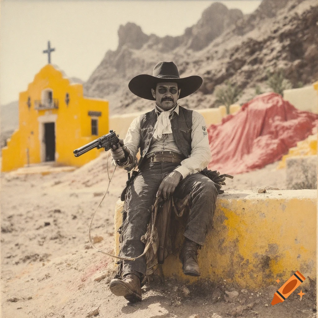 A man dressed as a cowboy sits holding a gun in a desert landscape with a yellow church in the background.