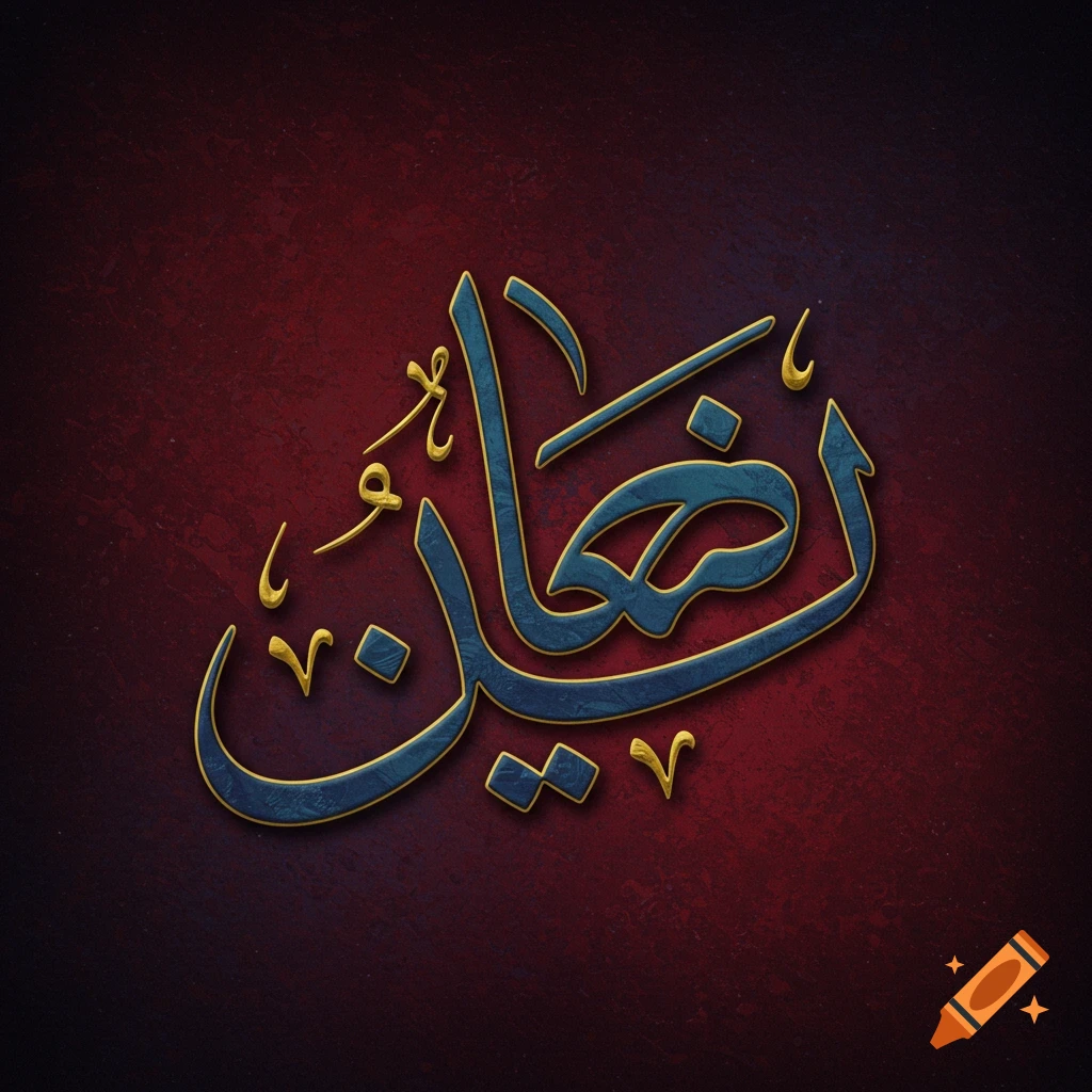 Decorative Arabic calligraphy in blue and gold on a textured red background.