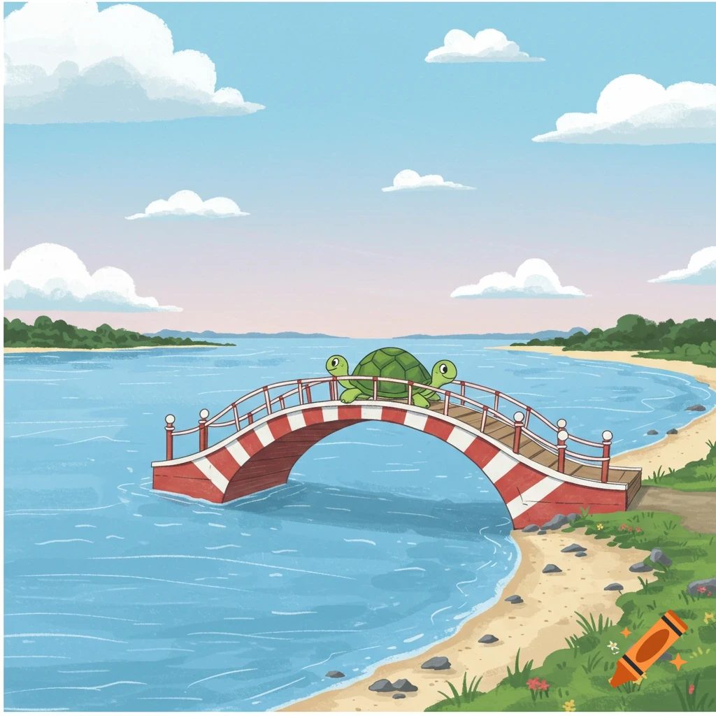 Cartoon illustration of two turtles crossing a red and white striped bridge over water with a beach and trees along the shore.