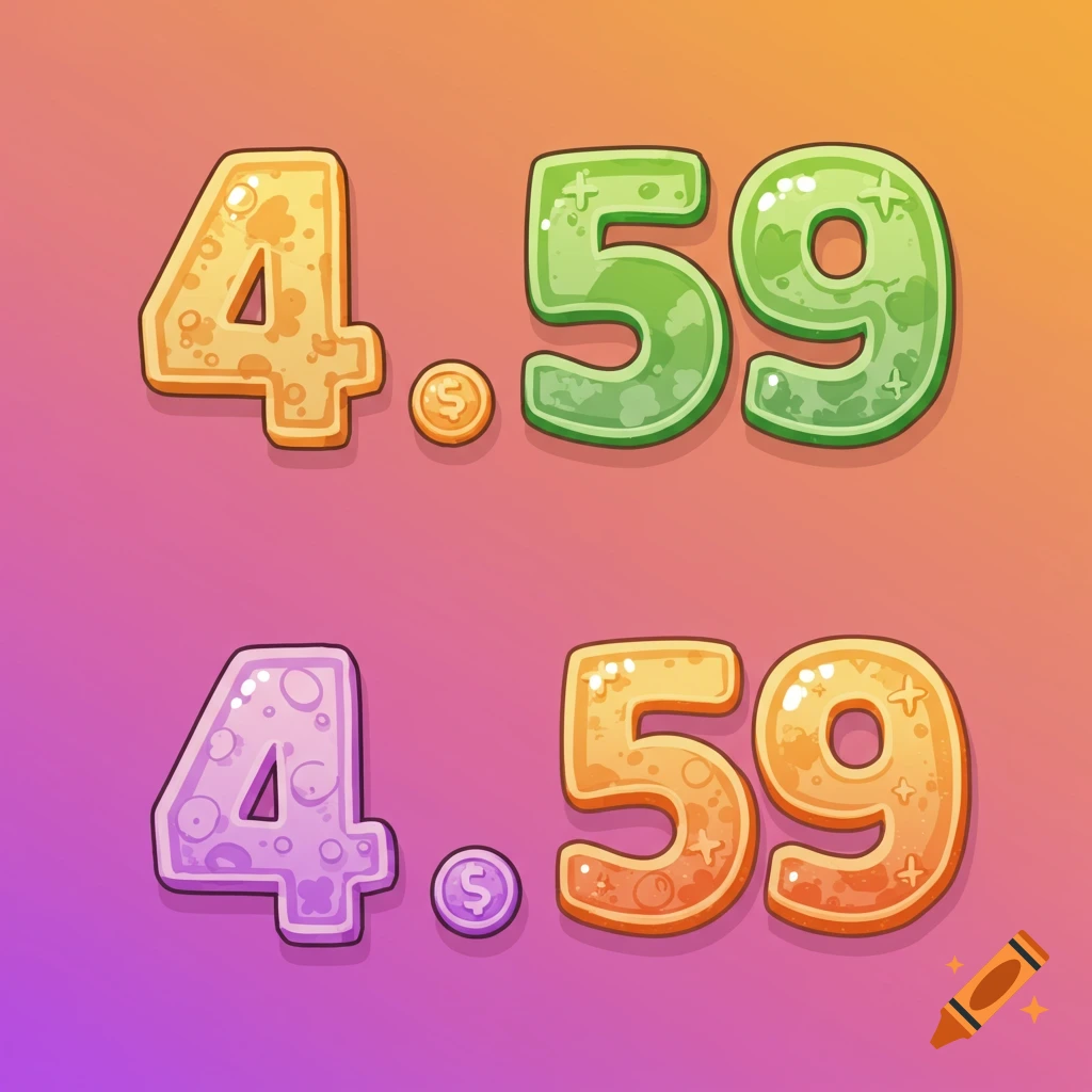 Two sets of cartoonish numbers 4.59 with coin symbols.
