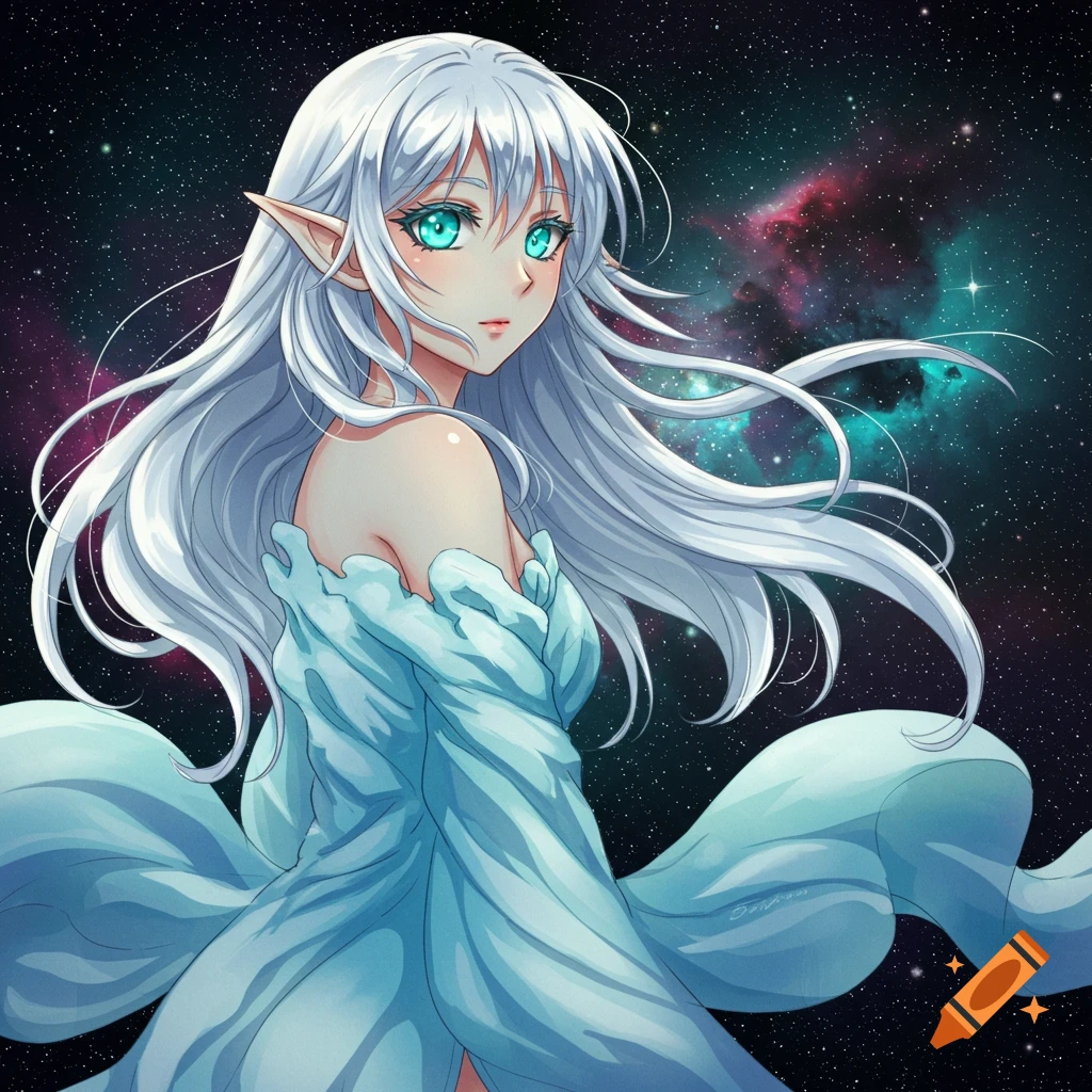 Anime portrait of a white-haired woman with glowing eyes in a flowing blue dress against a starry space background.