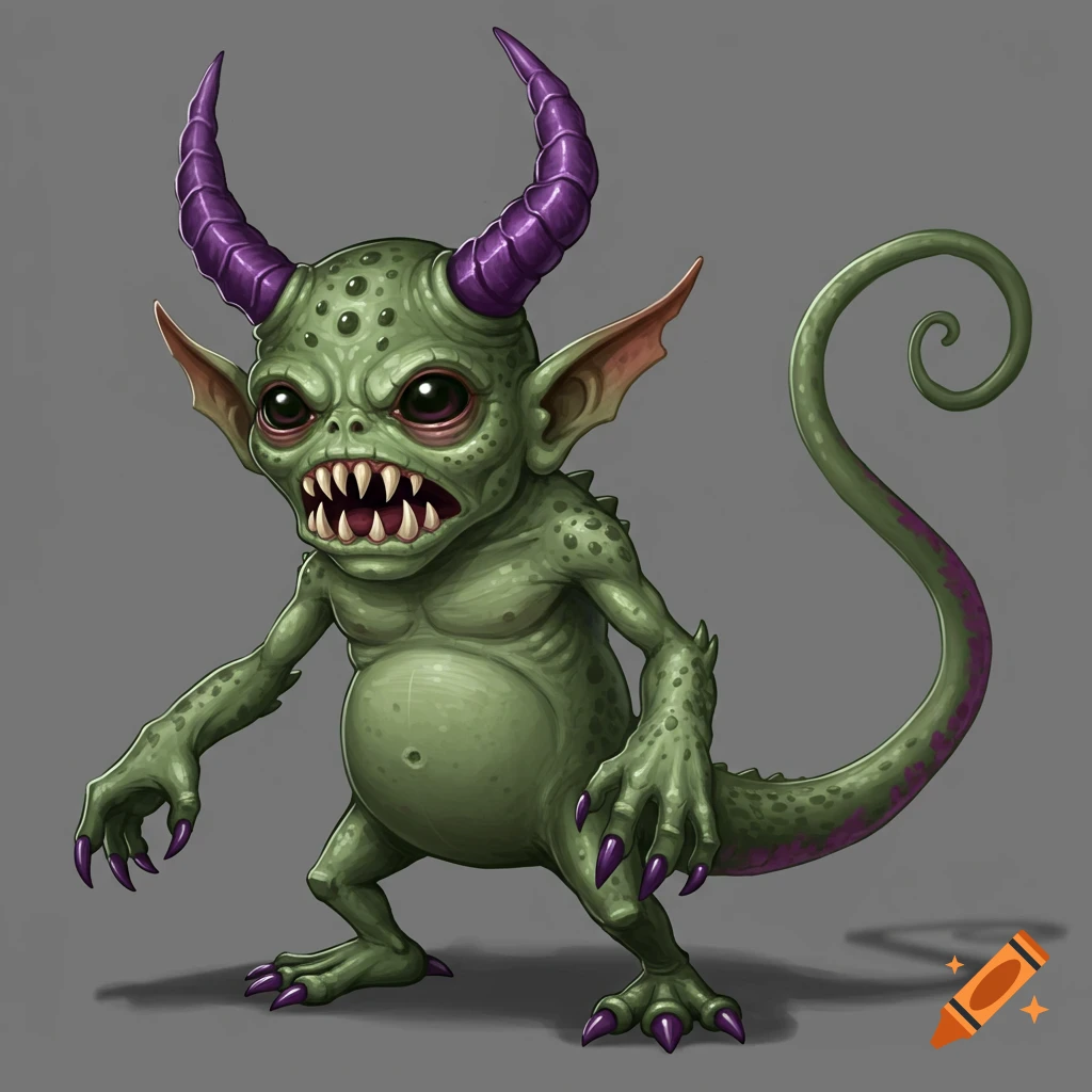 A small green monster with purple horns, sharp teeth, long claws, and a curly tail standing against a gray background.