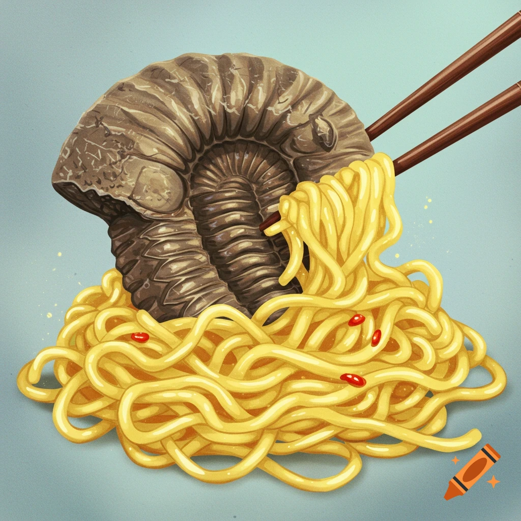 Chopsticks pick up an ammonite fossil from a pile of noodles with red pepper flakes.