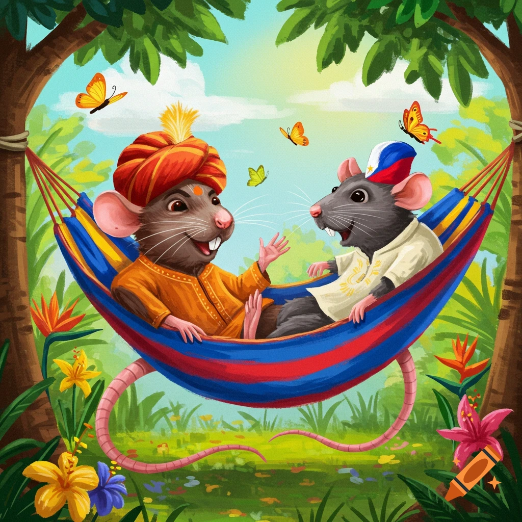 Two cartoon rats in a hammock, one wearing a turban and the other a cap, in a forest with butterflies.