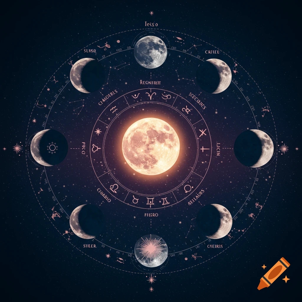 Astrology chart showing phases of the moon and zodiac symbols against a starfield background.