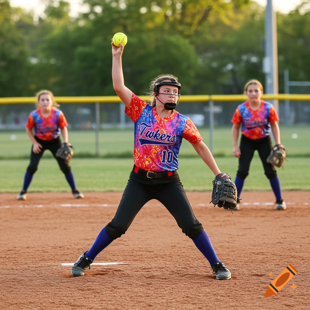 A young girl pitches a softball on a field with two fielders in the background.