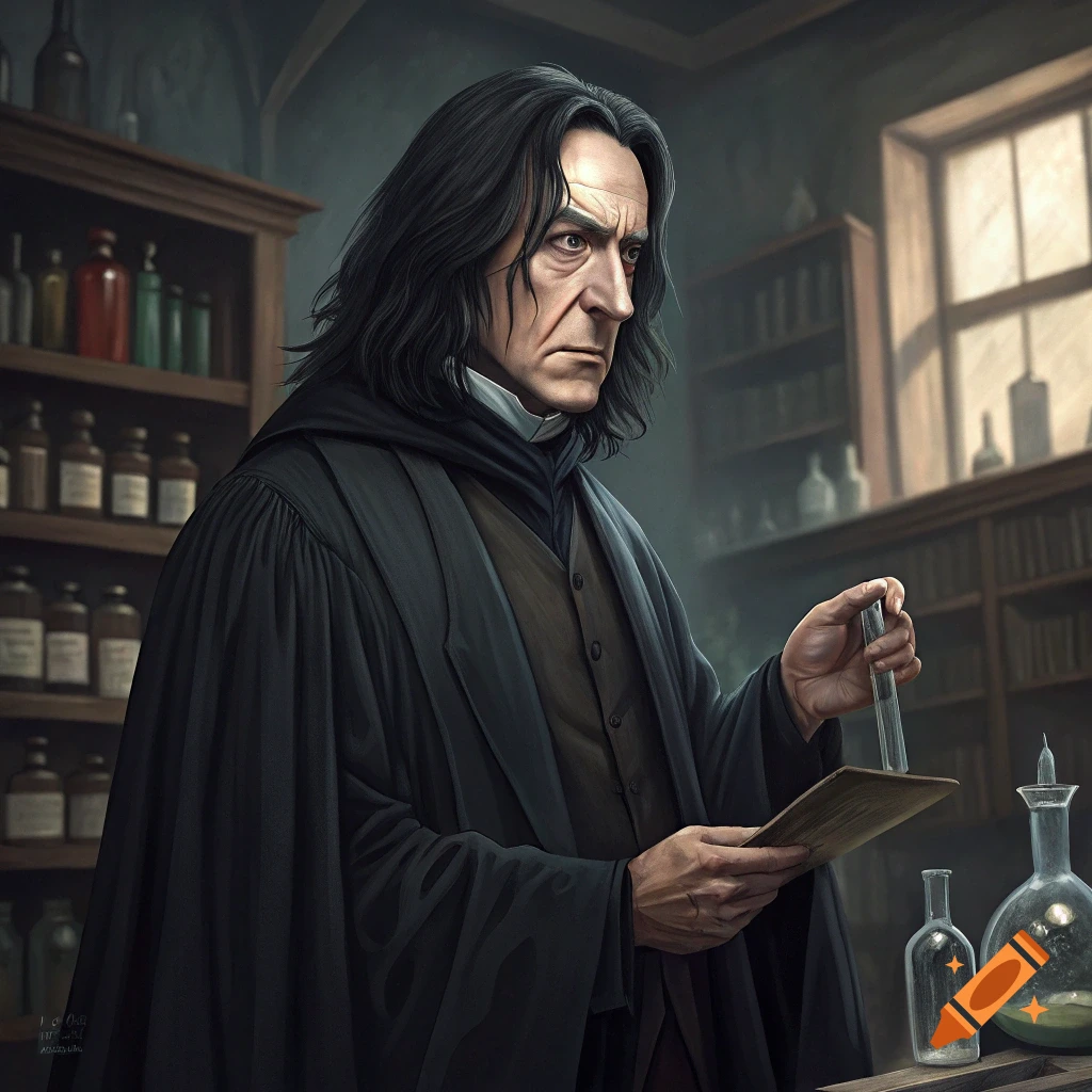 Professor Snape holding a test tube and paper in a potion lab.