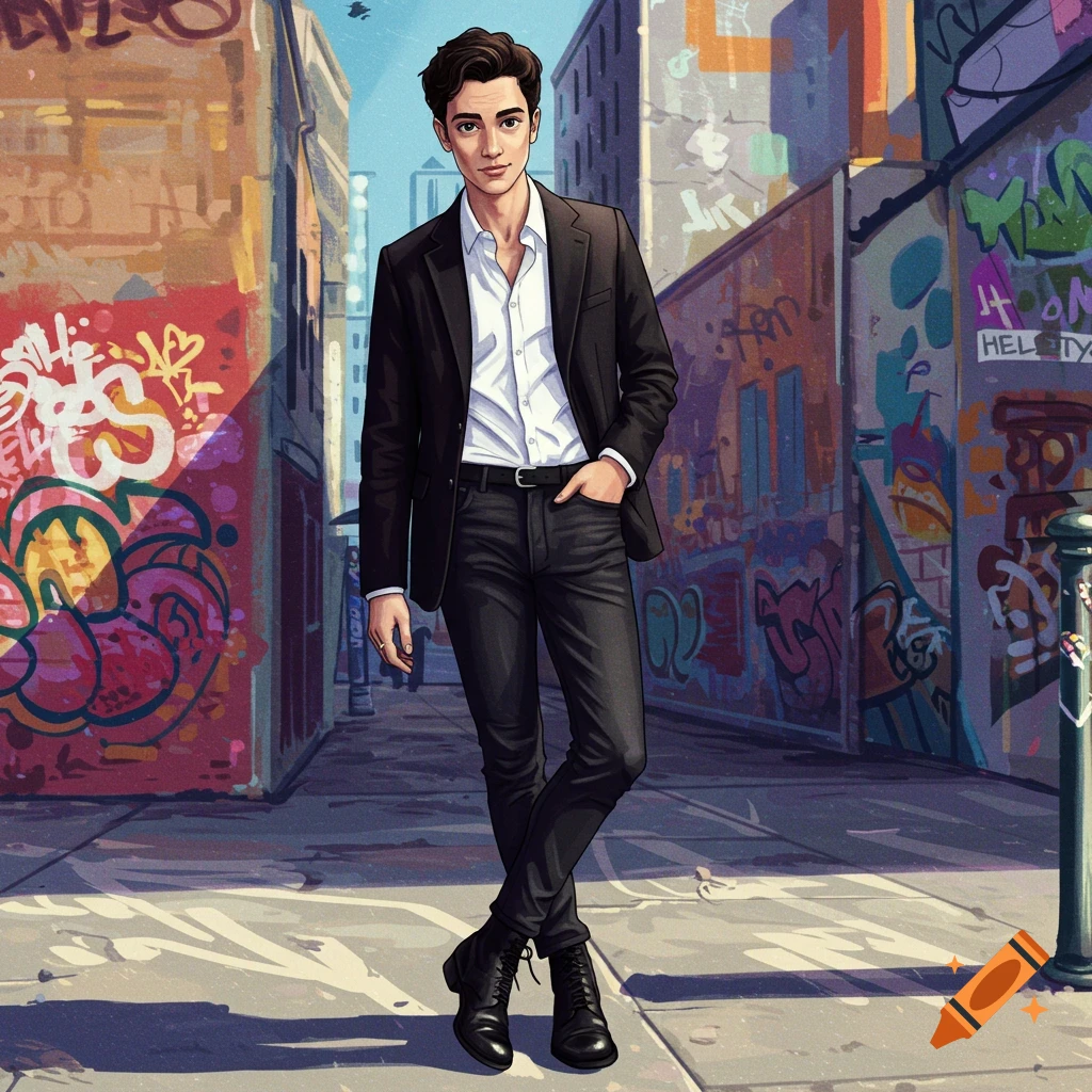 Illustration of a man in a suit standing in a graffiti-covered alley.
