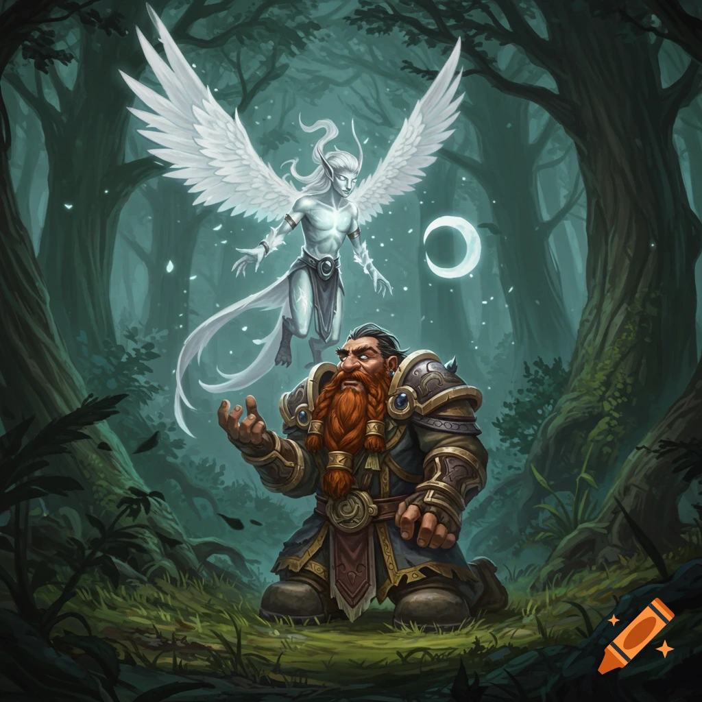 A dwarf kneels before a floating angelic figure in a mystical forest.