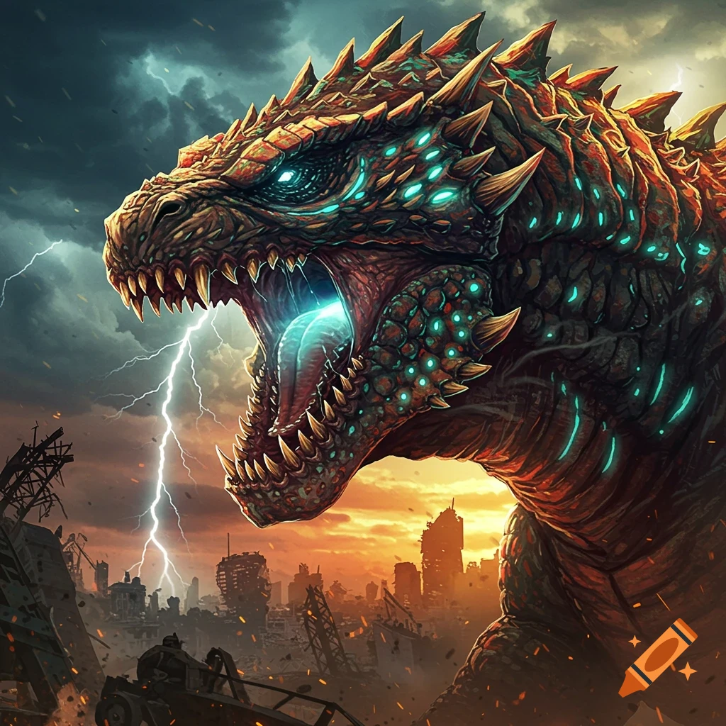 A giant monster roars with lightning in a destroyed city at sunset.
