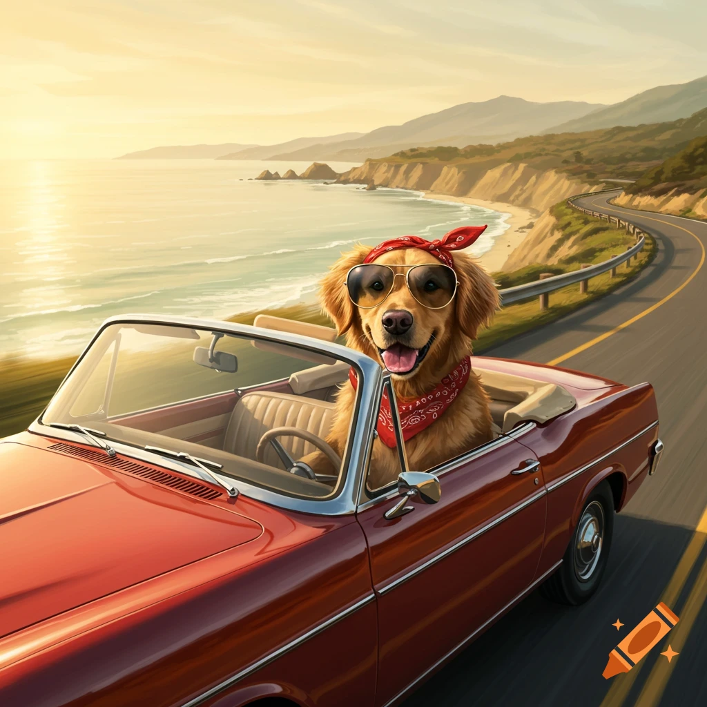 A golden retriever wearing sunglasses and a bandana drives a red convertible on a scenic coastal road at sunset.