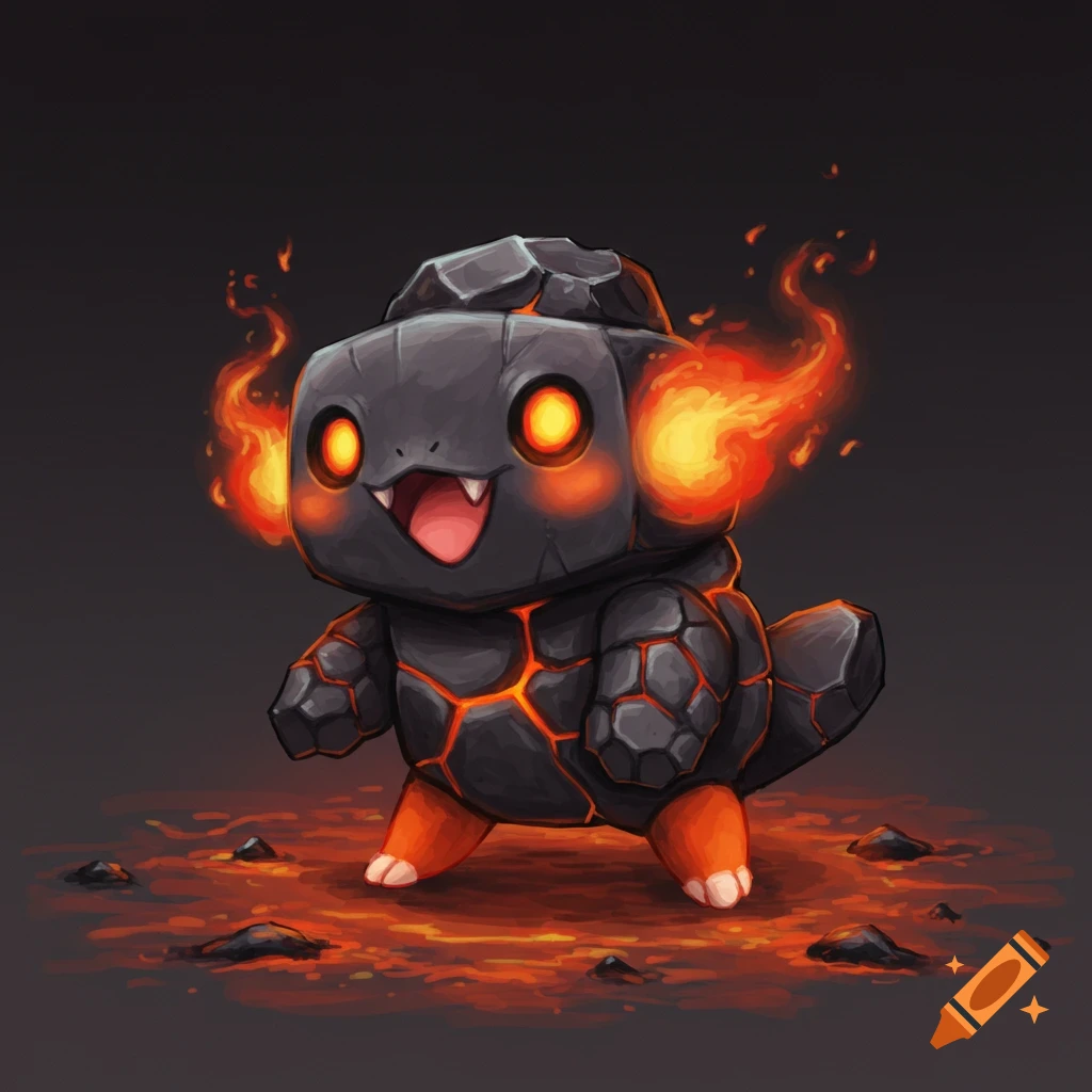 A cute cartoon rock creature with glowing eyes and fire stands on a lava surface.