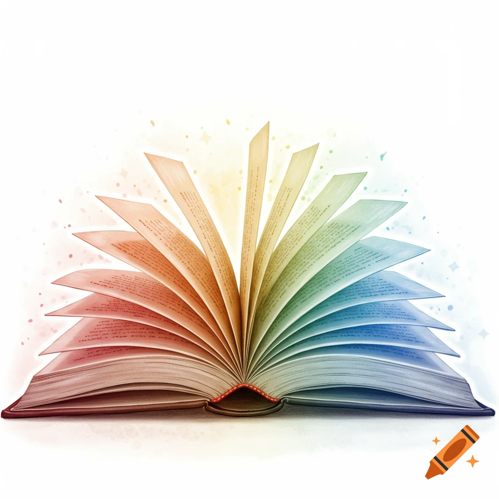 Open book with pages fanned out in rainbow colors, watercolor style