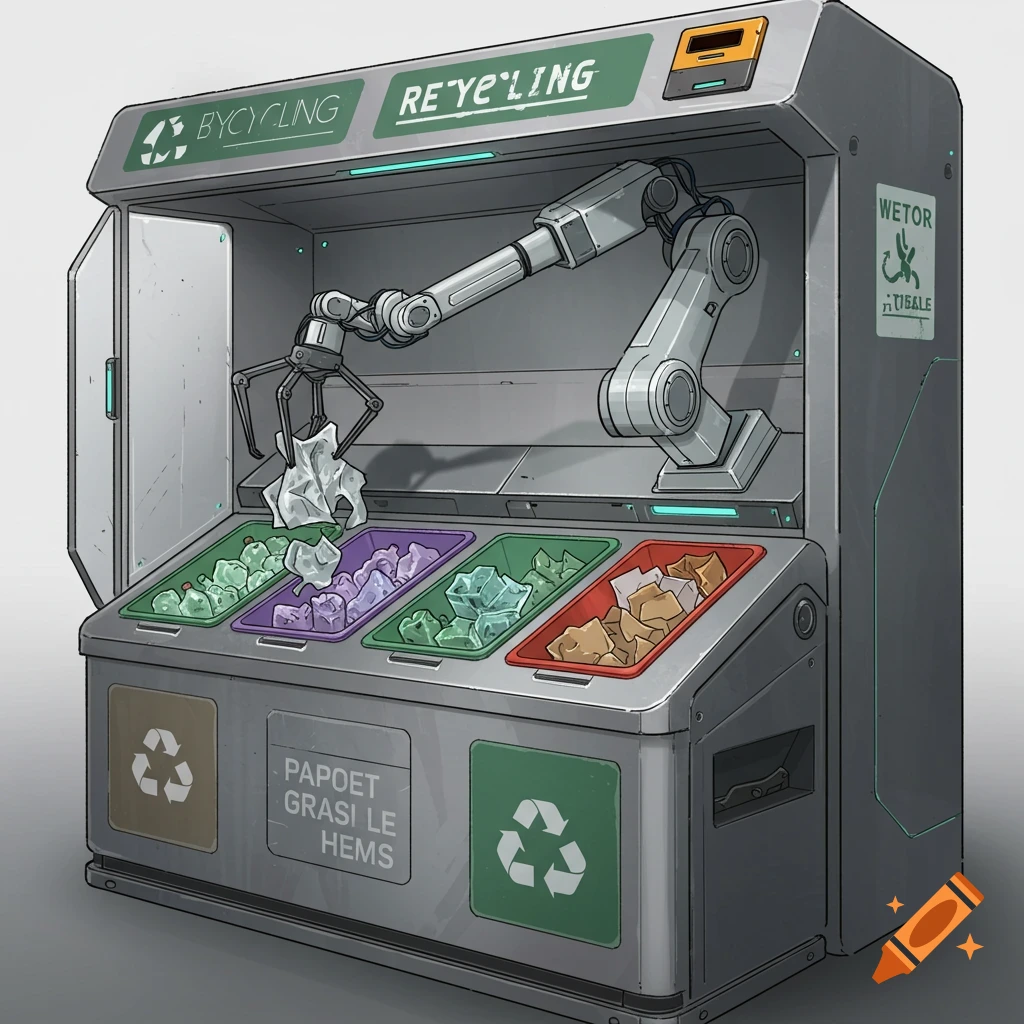 Recycling bin with robot sorting materials