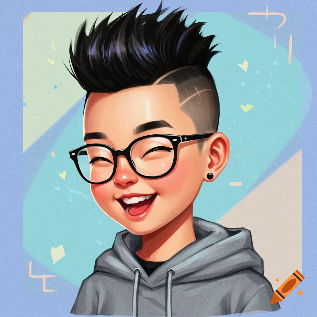 Asian boy with faded sides, high hair, gray hoodie, and black glasses