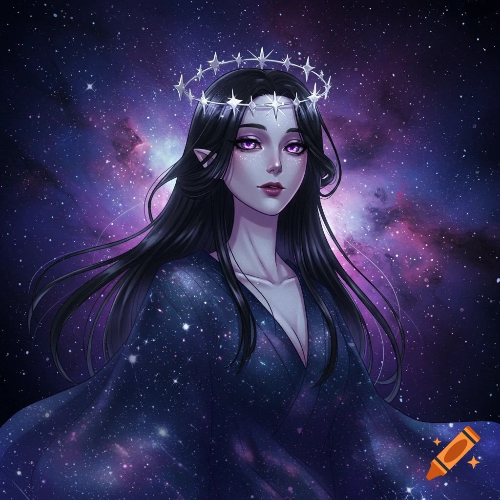 Anime portrait of a woman with dark hair, elven ears, and a starry crown, wearing a cosmic robe against a galaxy background.