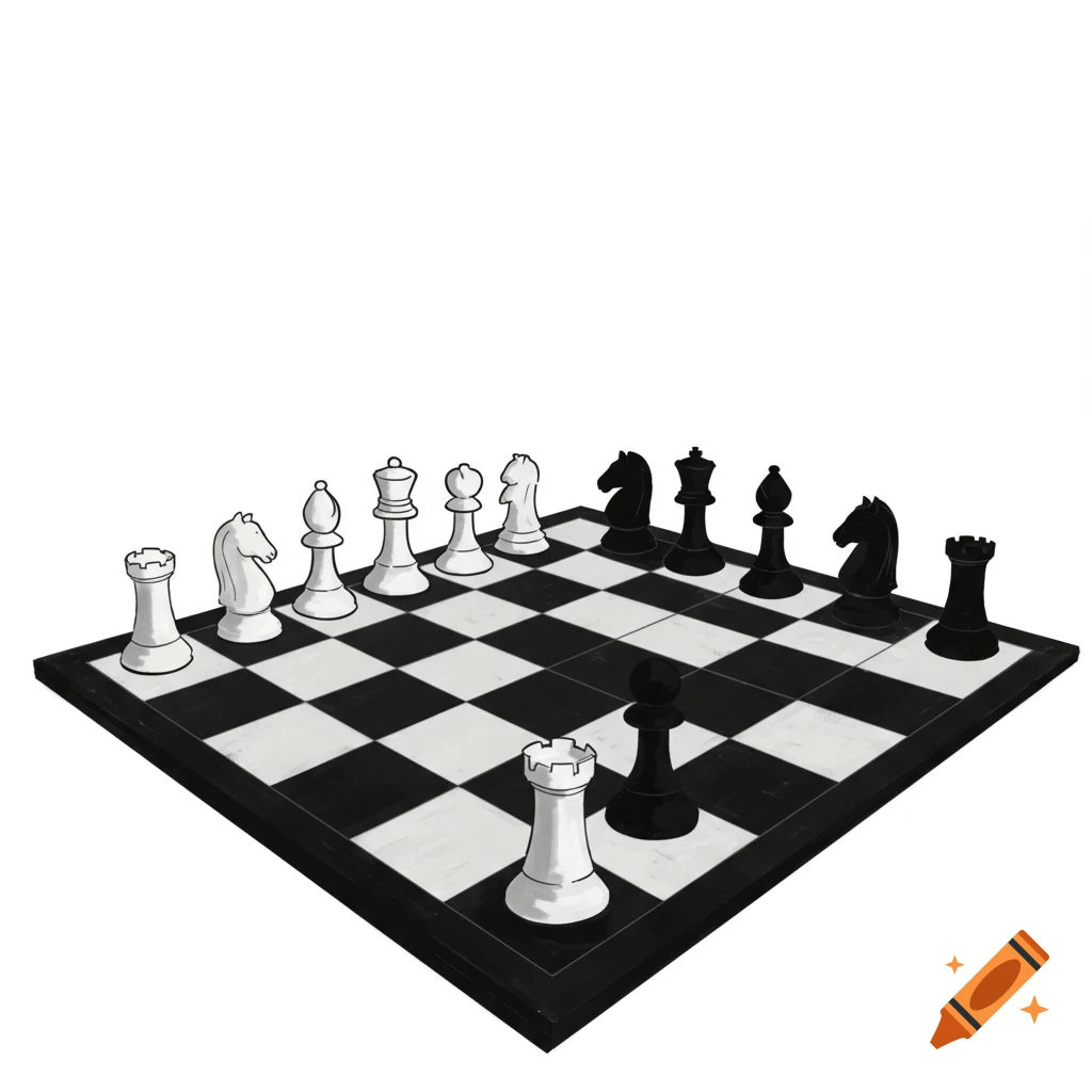 A minimalistic illustration of a chessboard with black and white chess pieces.