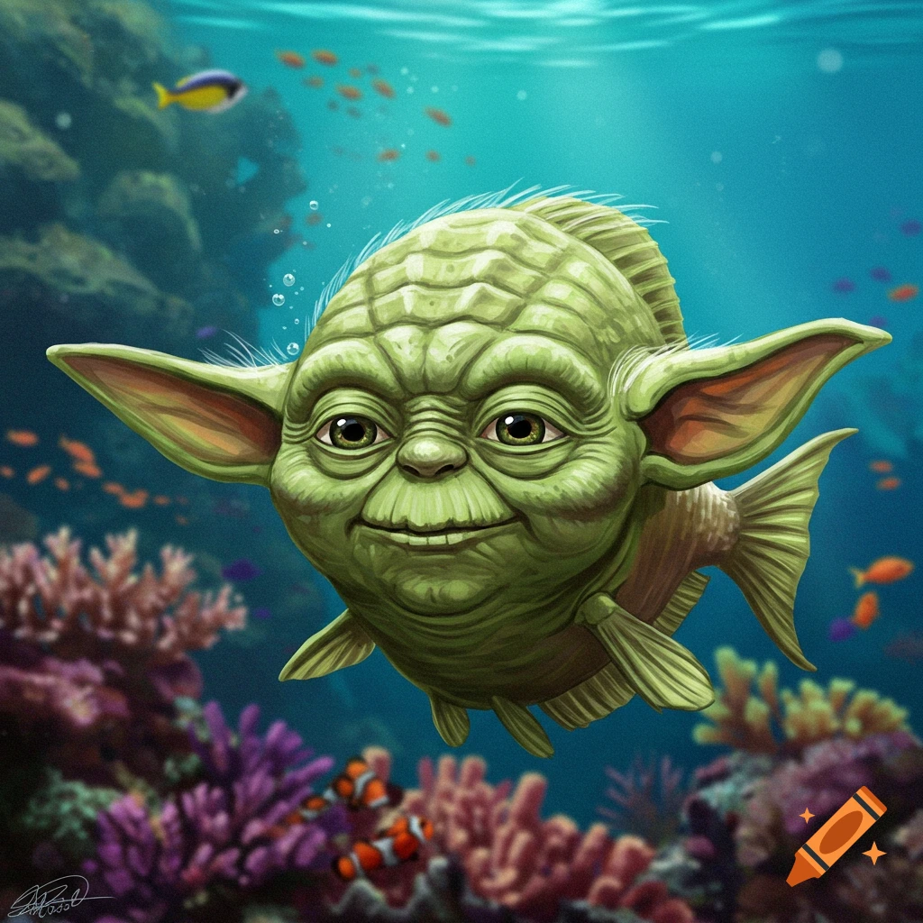 A cartoon illustration of a Yoda-like fish swimming underwater near coral.