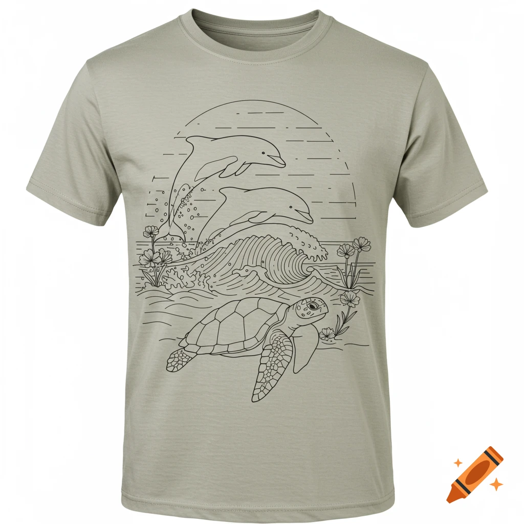 Line art design on t-shirt with leaping dolphins, sea turtle, waves, and flowers.