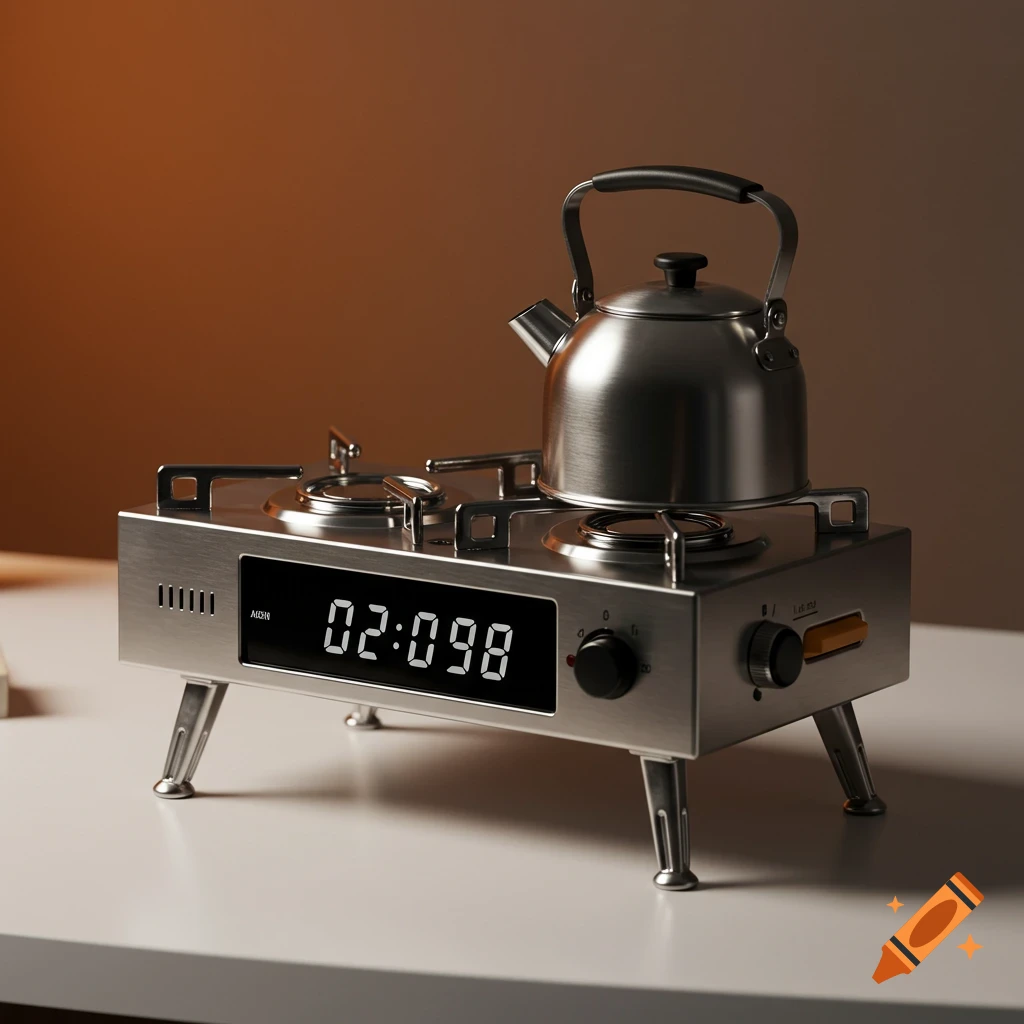 Modern alarm clock shaped like a camping cooktop with a tea kettle