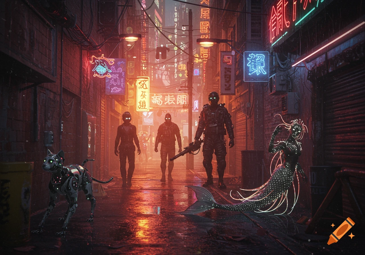 Cyberpunk alley with glowing neon signs, robotic cat, luminous mermaid, and figures with glowing eyes in the rain.