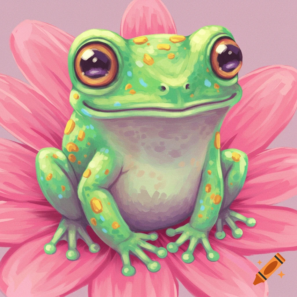 A cute green frog sits on a pink flower, illustration style.