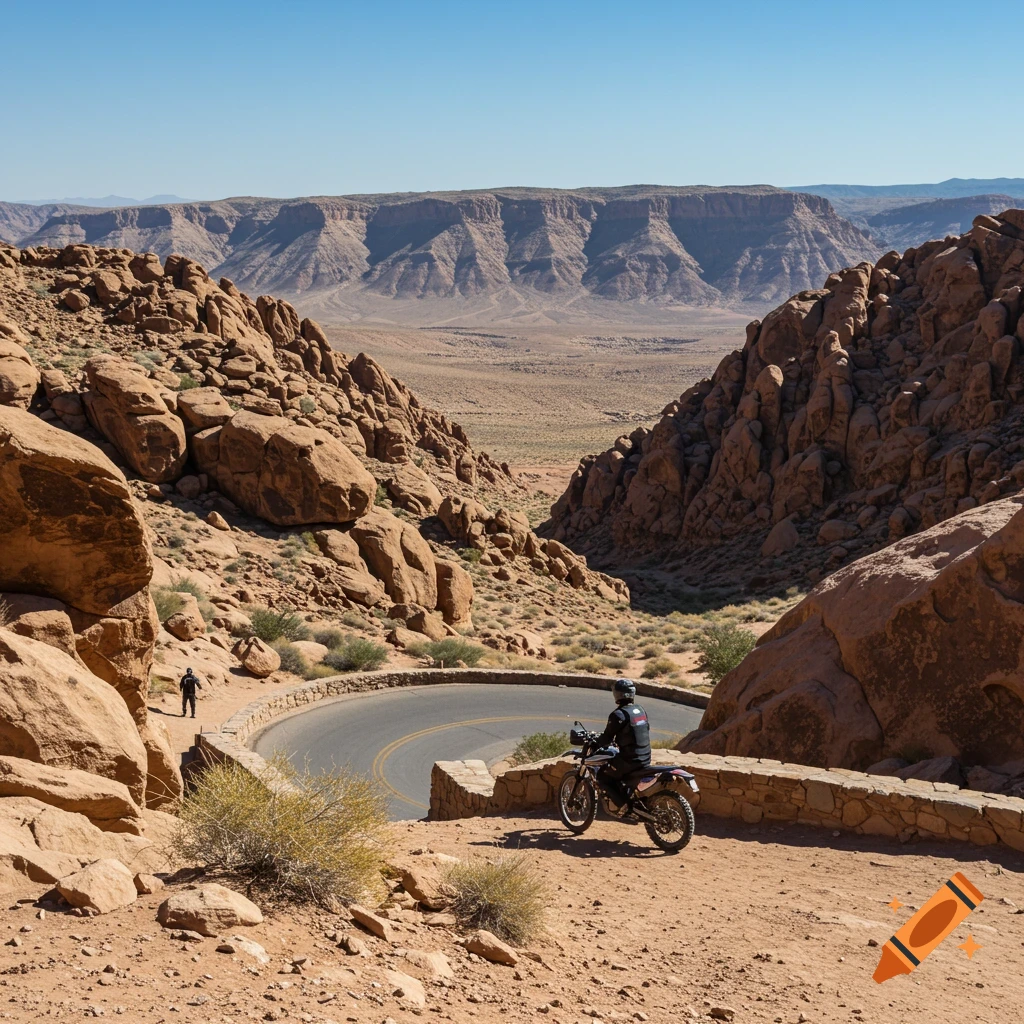 A motorcycle rider stops at a curve overlooking a vast desert canyon landscape.