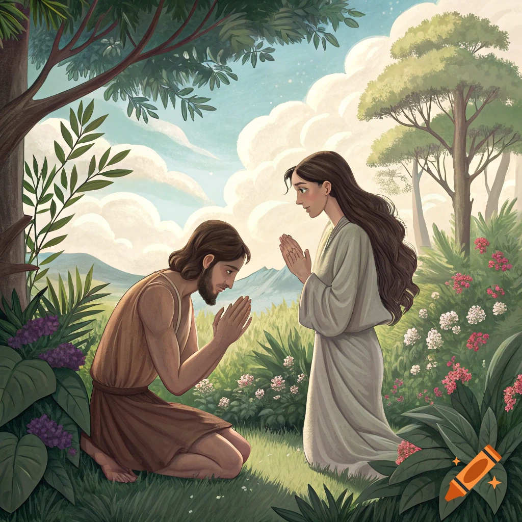 Man and woman kneeling and praying in a lush garden, illustration style.