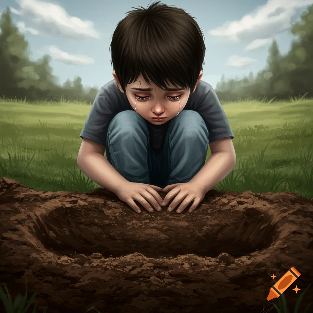 An illustration of a young boy crying at a grave in a grassy field.