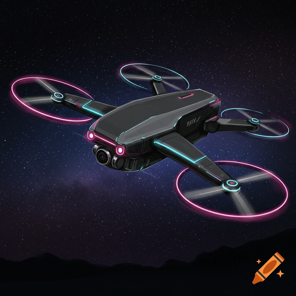 A futuristic black drone with glowing pink and blue neon lights flies through a starry space background.