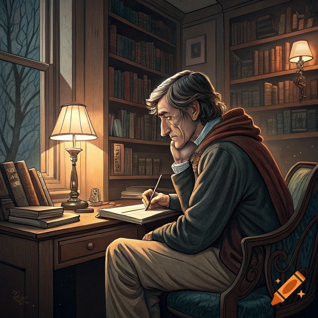Man writes at a desk in a dimly lit library, illustration style.