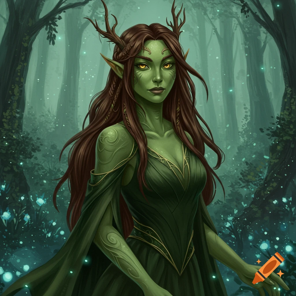 A green-skinned female fantasy character with antlers and long brown hair stands in a forest.