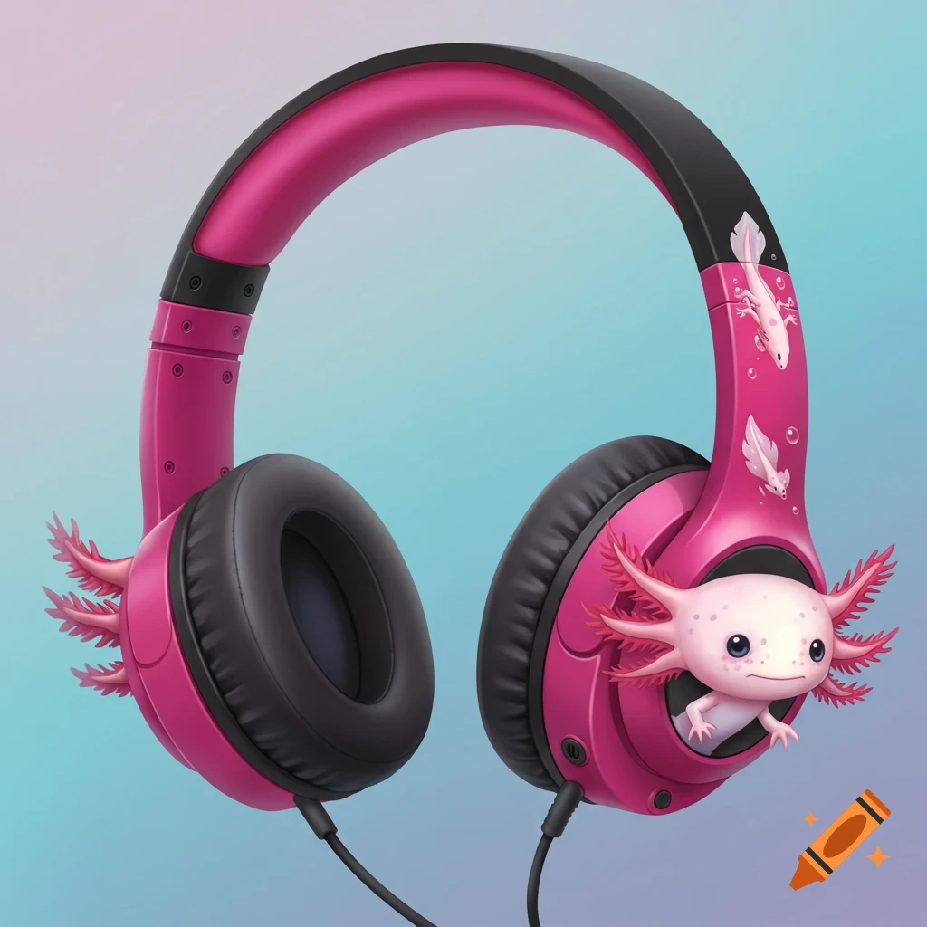 Illustration of pink headphones with a cute axolotl character peeking out.