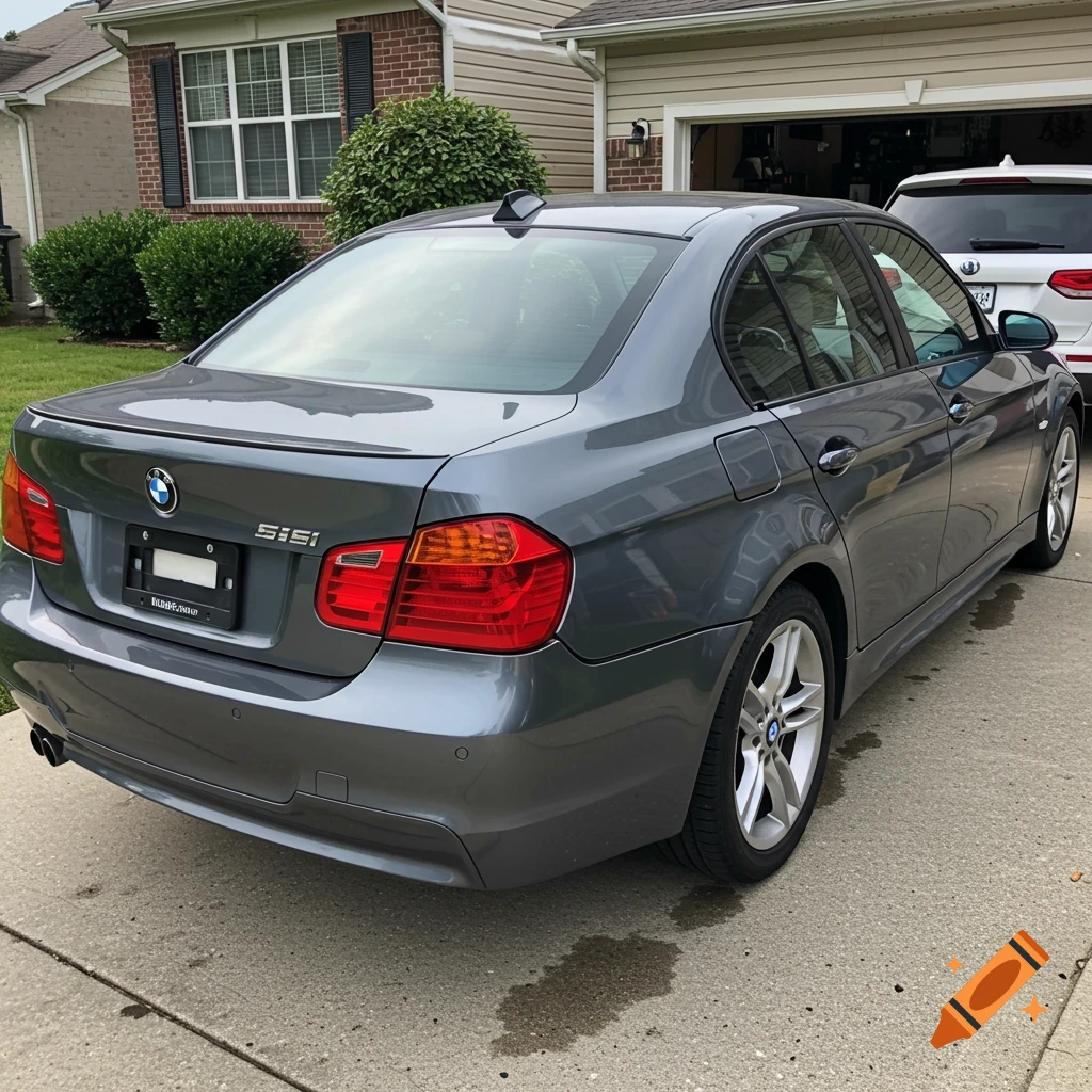 Grey BMW with rear-end damage in driveway