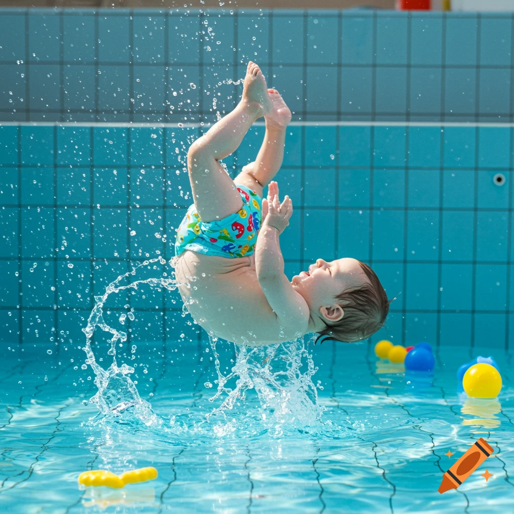 Baby doing a flip in a swimming pool