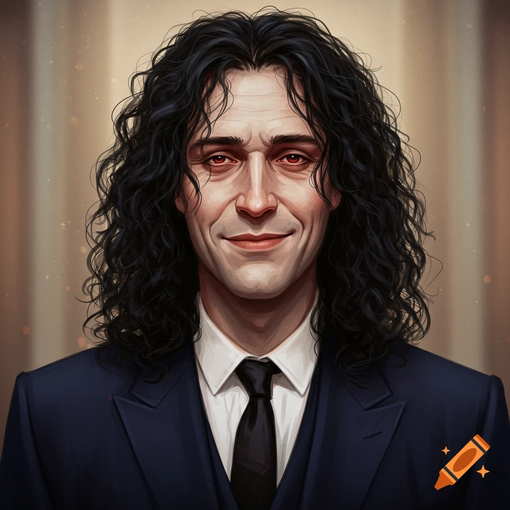 A portrait of a man with long dark curly hair and red eyes, smiling and wearing a dark suit and tie.