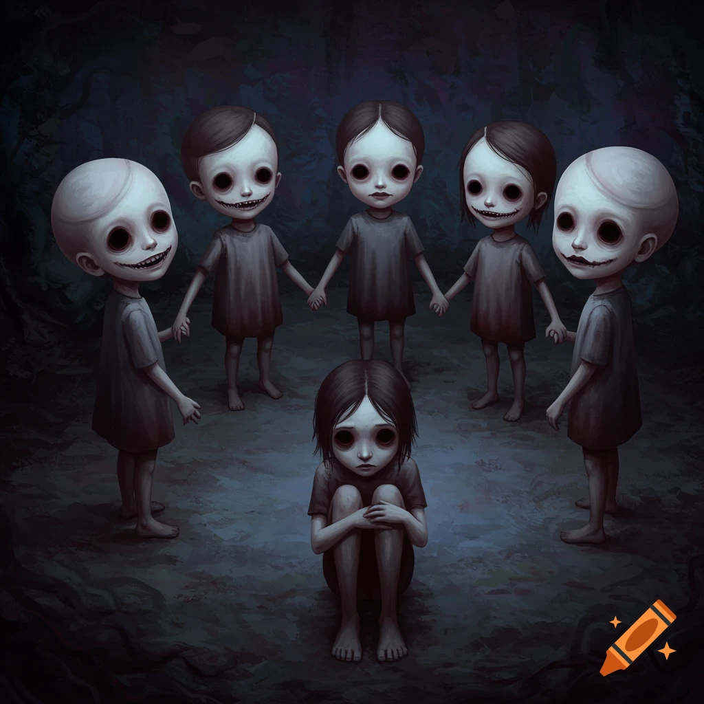 Six creepy stylized children, five holding hands in a circle around one sitting scared on the ground, in a dark illustration.
