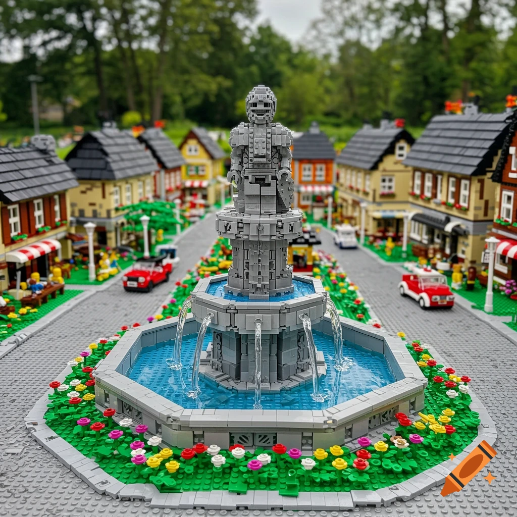 A detailed LEGO build of a town square with a fountain topped by a knight statue and surrounding buildings.