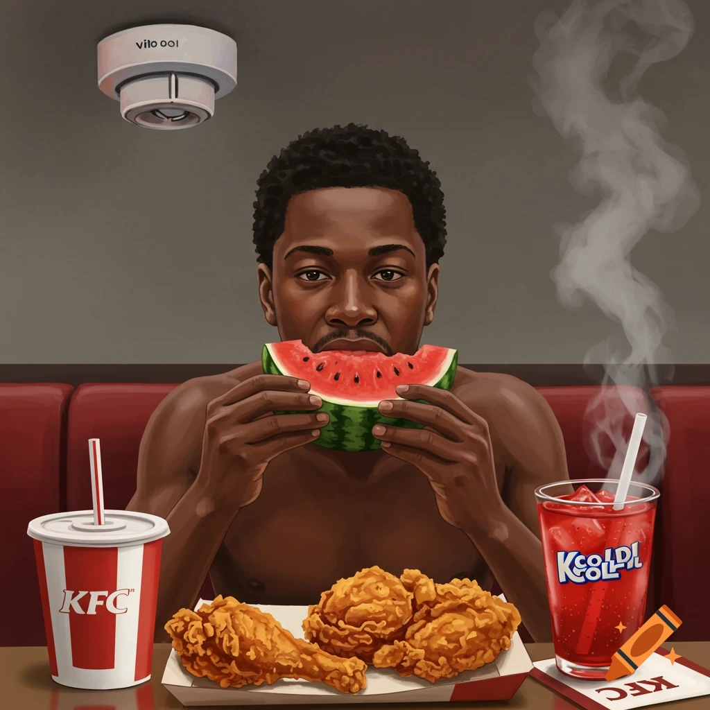 An illustration of a Black man eating watermelon and fried chicken, drinking Kool-Aid at a table with KFC branding.
