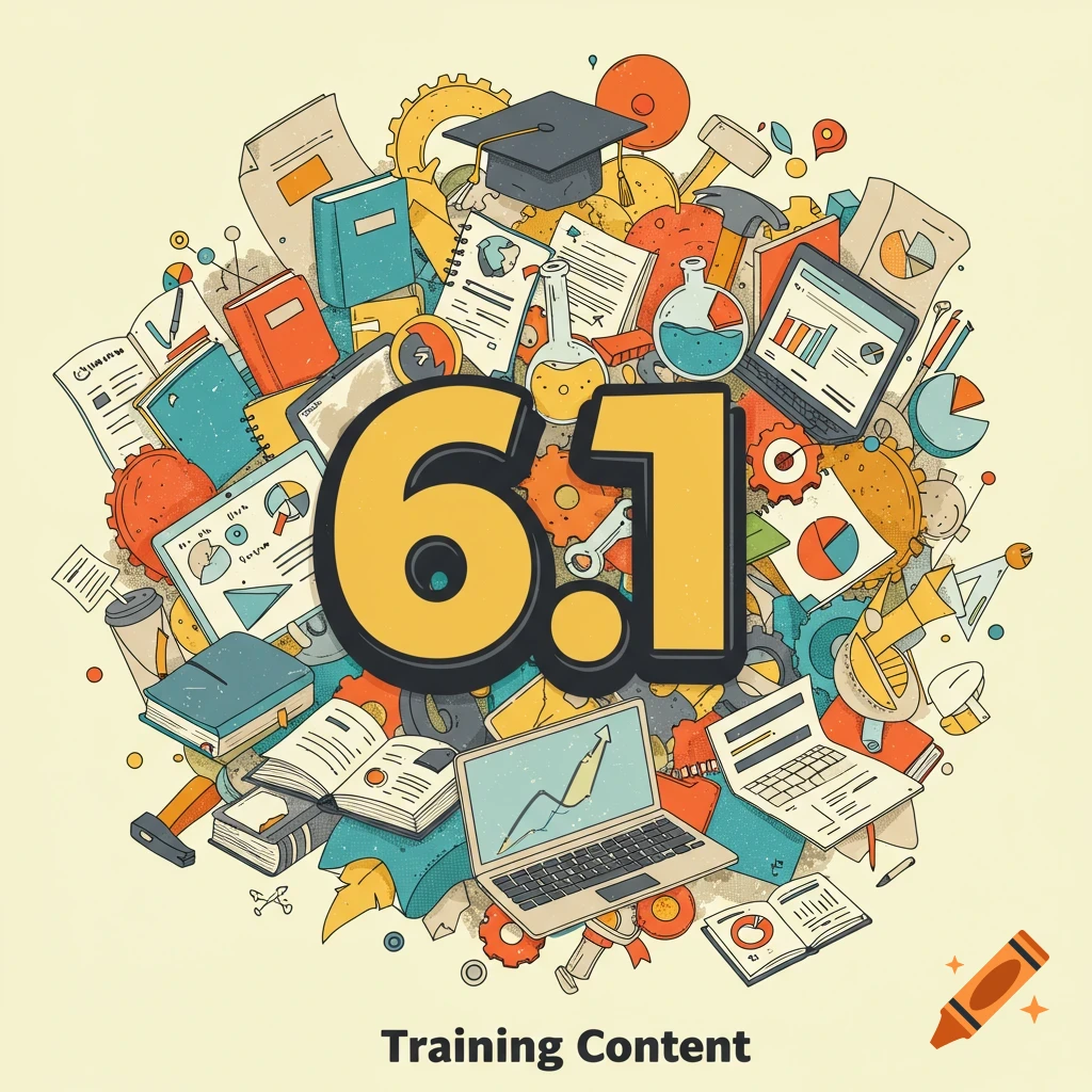 Illustration of '6.1' surrounded by books, laptop, charts, and lab equipment, with 'Training Content'.