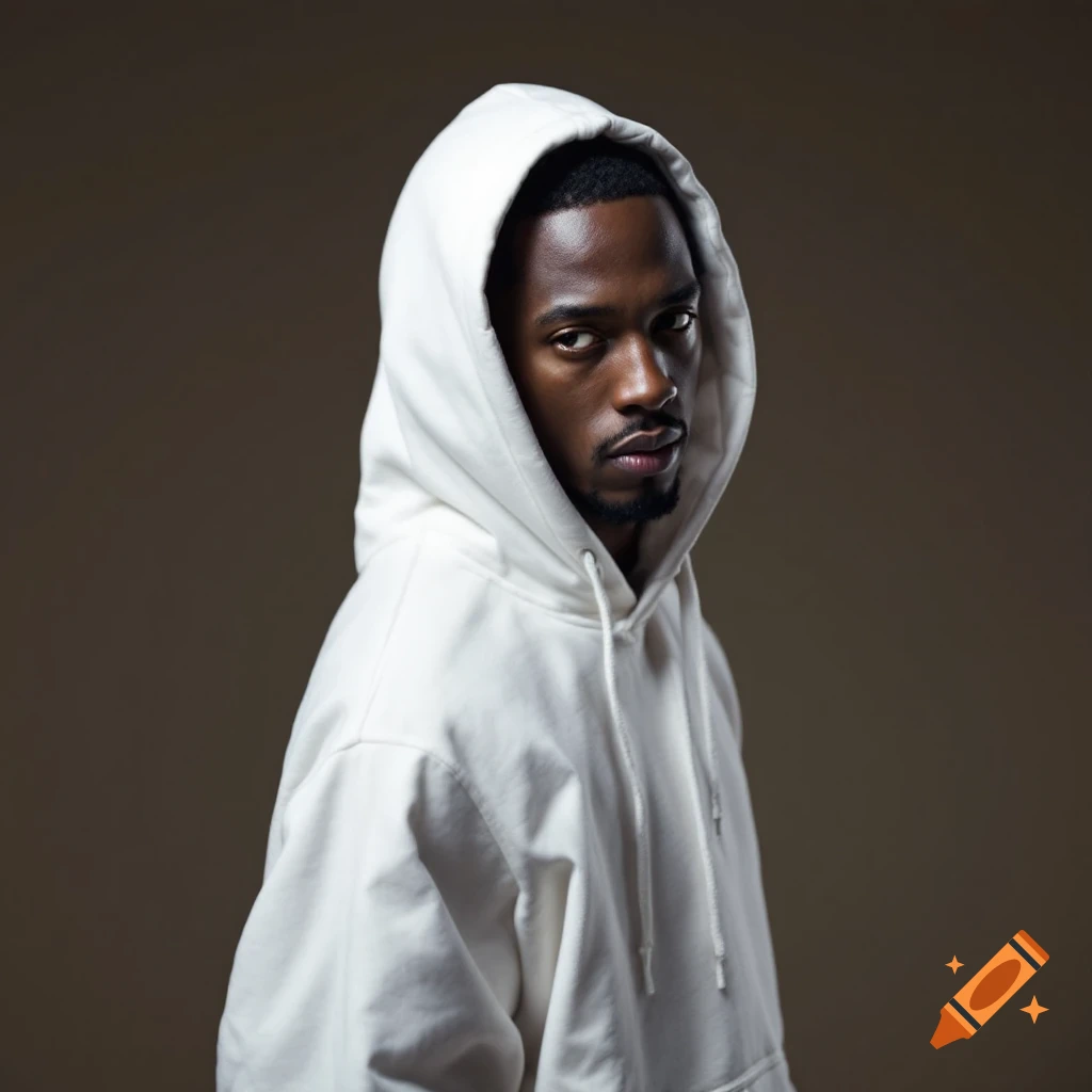 Photorealistic portrait of a young Black man in a white hoodie looking at the camera