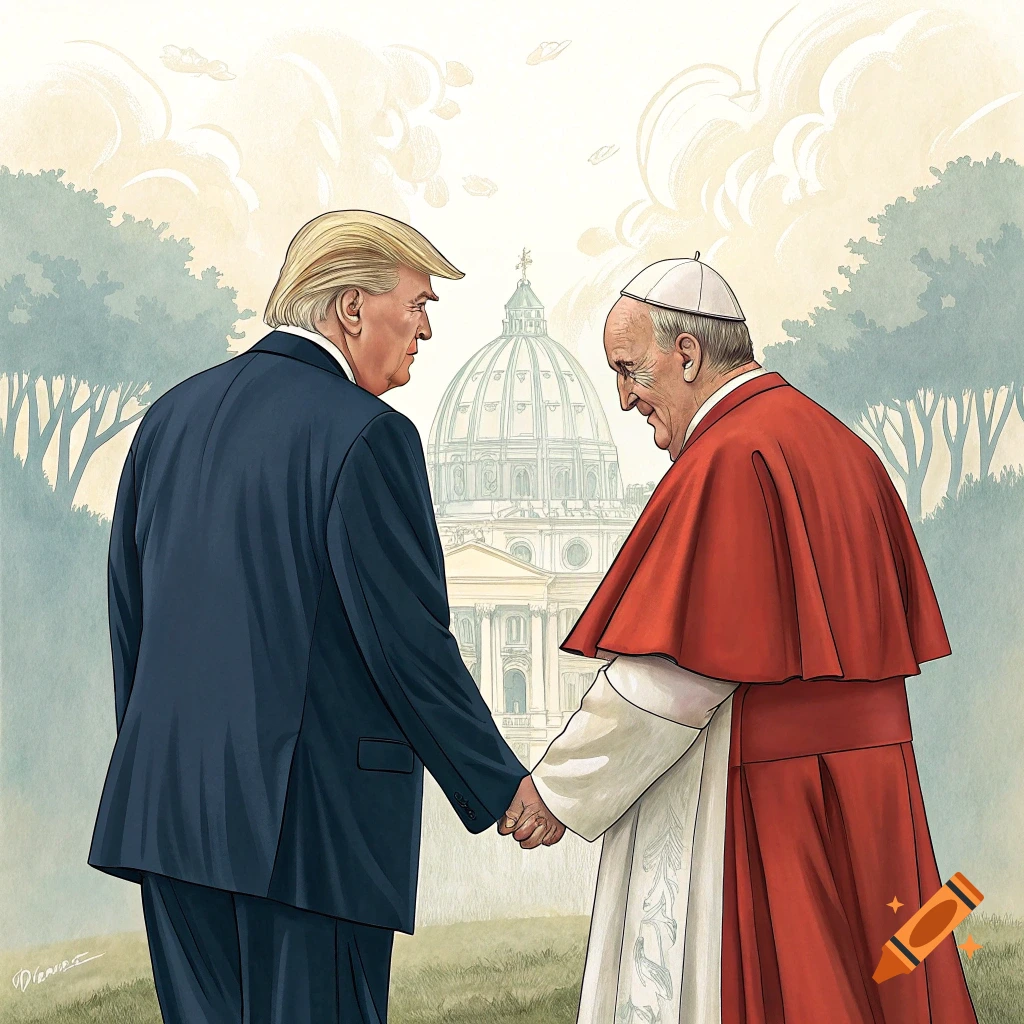 Illustration of Donald Trump and the Pope holding hands with a large domed building in the background.