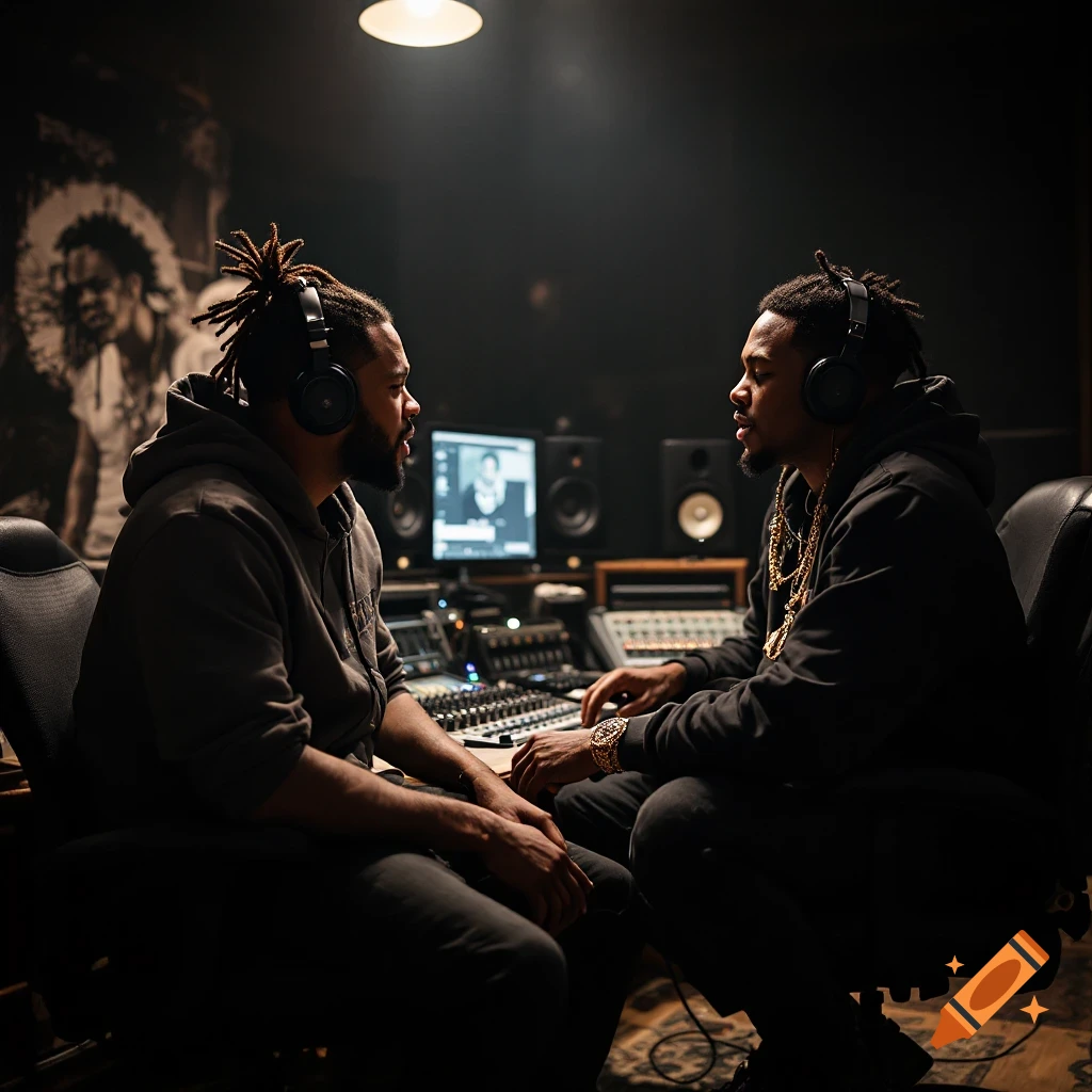 Two men wearing headphones sit at a sound mixing board in a dark recording studio. Photorealistic style.