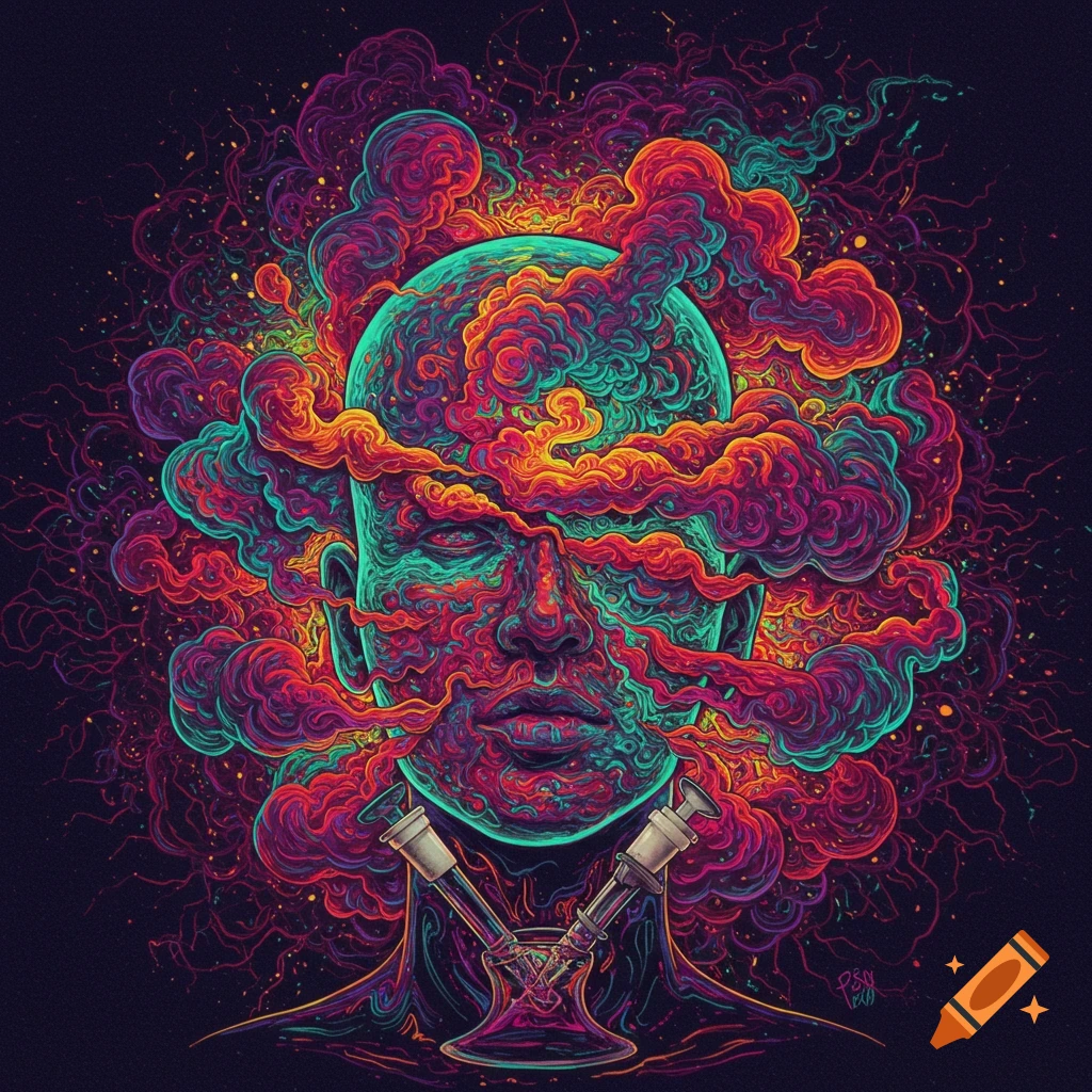 Psychedelic illustration of a head wreathed in colorful smoke, a bong near the neck.