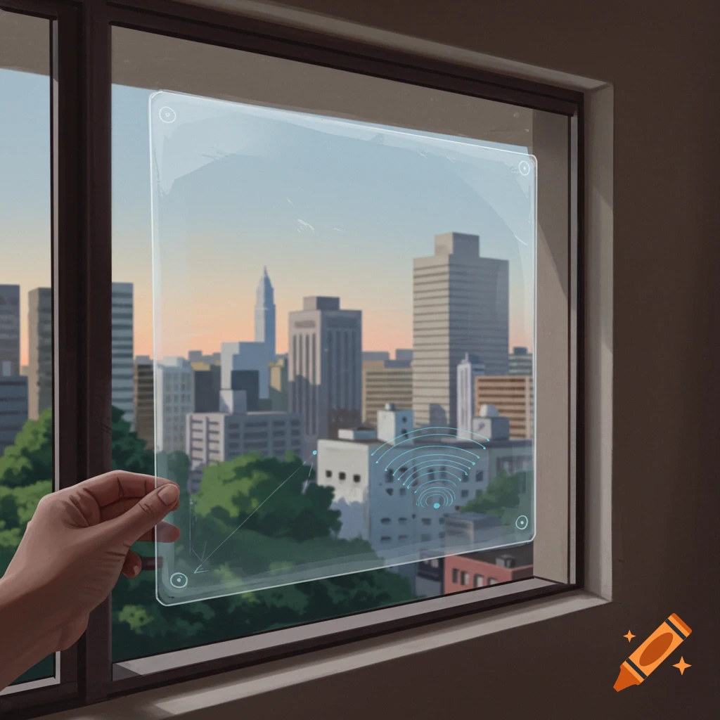 Hand holds transparent tech sheet over city skyline window.